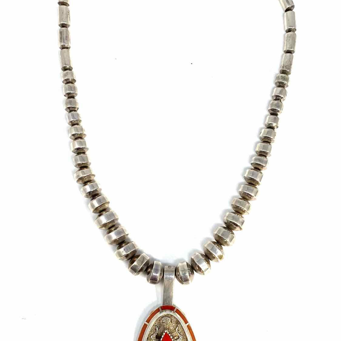 Navajo Larry Castillo Sterling Silver 19.25" Coral Tear Drop Necklace