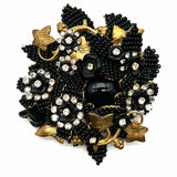Stanley Hagler Beaded Gold Tone Black Botanical Crystal Brooch