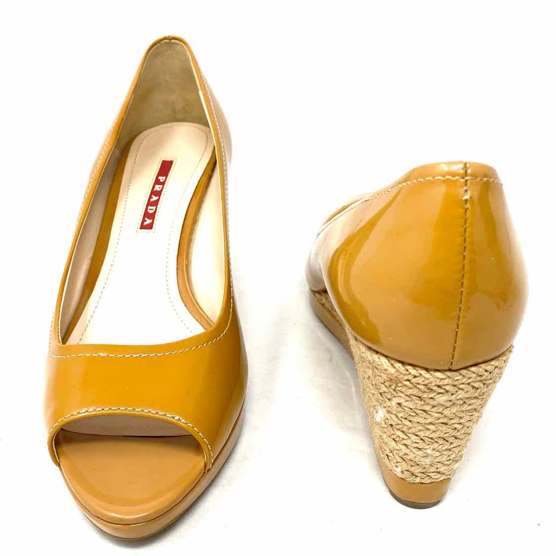 Prada Women's Beige Size 37.5/7.5 Peeptoe Patent Leather Espadrille Wedges