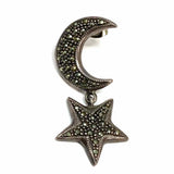 Estate 925 Sterling Silver Dangle Star & Moon Marcasite Earrings