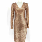 BCBG Max Azria Women's Gold Size 0 Long Sleeve Sequined Midi Dress