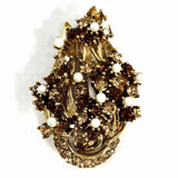 Brown Gold Tone Abstract Crystal Faux Pearl Brooch