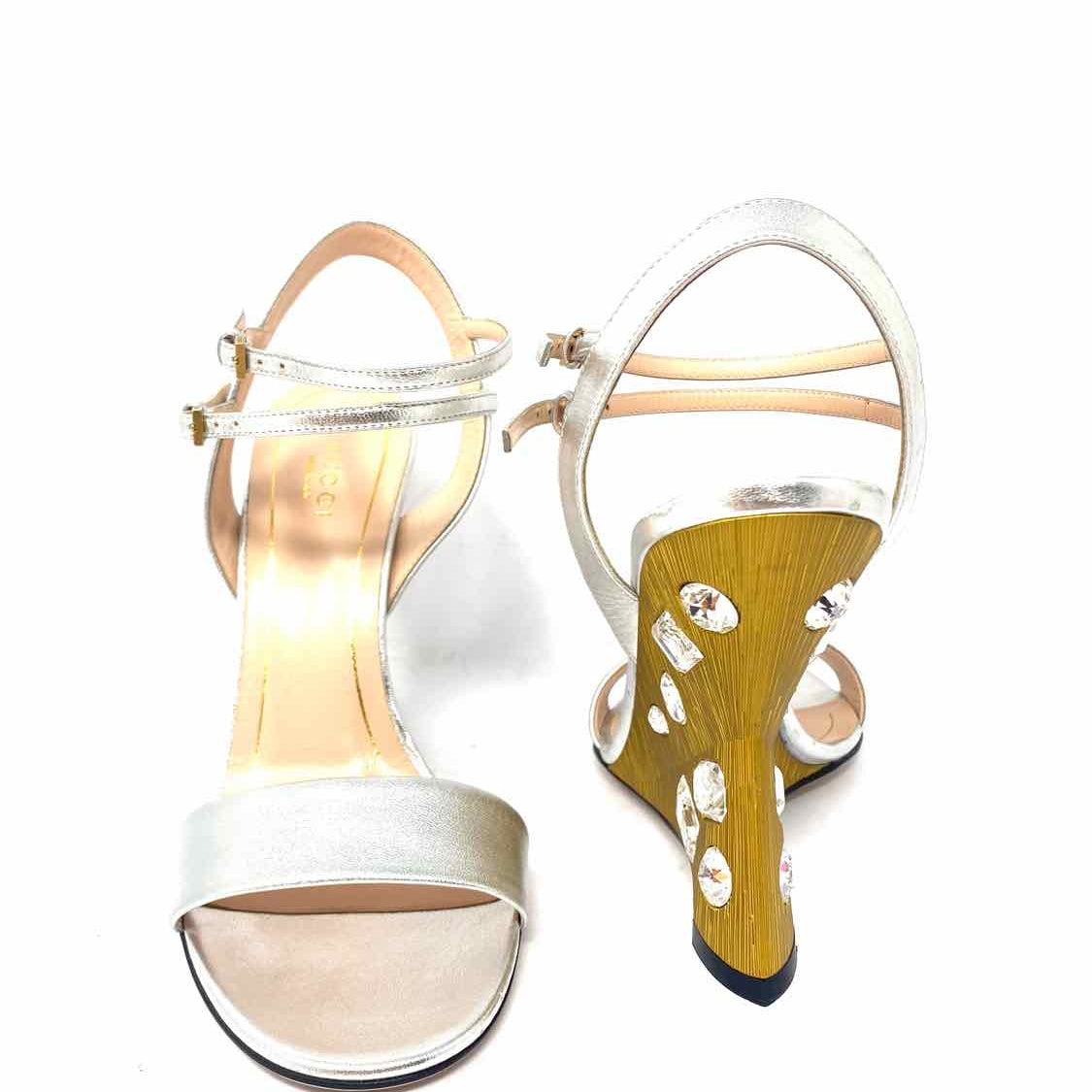 Gucci Women's Engel Silver Size 37.5/7.5 Engel Wedge Swarovski Crystal Sandals