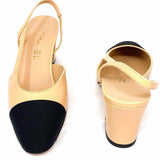 Chanel Women's Black Beige Size 38.5/7.5 Block Heel Leather Slingbacks