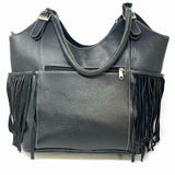 Vintage Addiction Black Beaded Fringe Pebbled Leather Tote