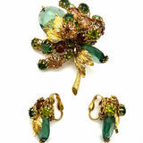 DeMario Gold Tone Green Cluster Fruit Crystal Brooch & Clip-On Earring Set