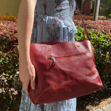 VERA PELLE Red Top Handle pleated Pebbled Leather Satchel