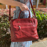 VERA PELLE Red Top Handle pleated Pebbled Leather Satchel