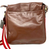 BALLY Brown Flap Leather Messenger Bag w/ Red White Canvas Side Stripe & Strap