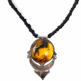 Statement Silver Black Pendant 21" Braided Amber Necklace