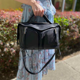 VINCE CAMUTO Group Mika Black Top Handle Pebbled Leather Satchel