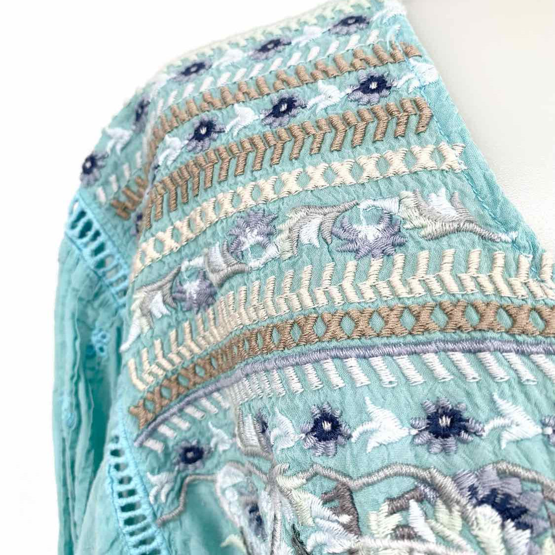 johnny was Women's Teal Size XXL V-Neck Cupra Rayon Sheer Long Sleeve