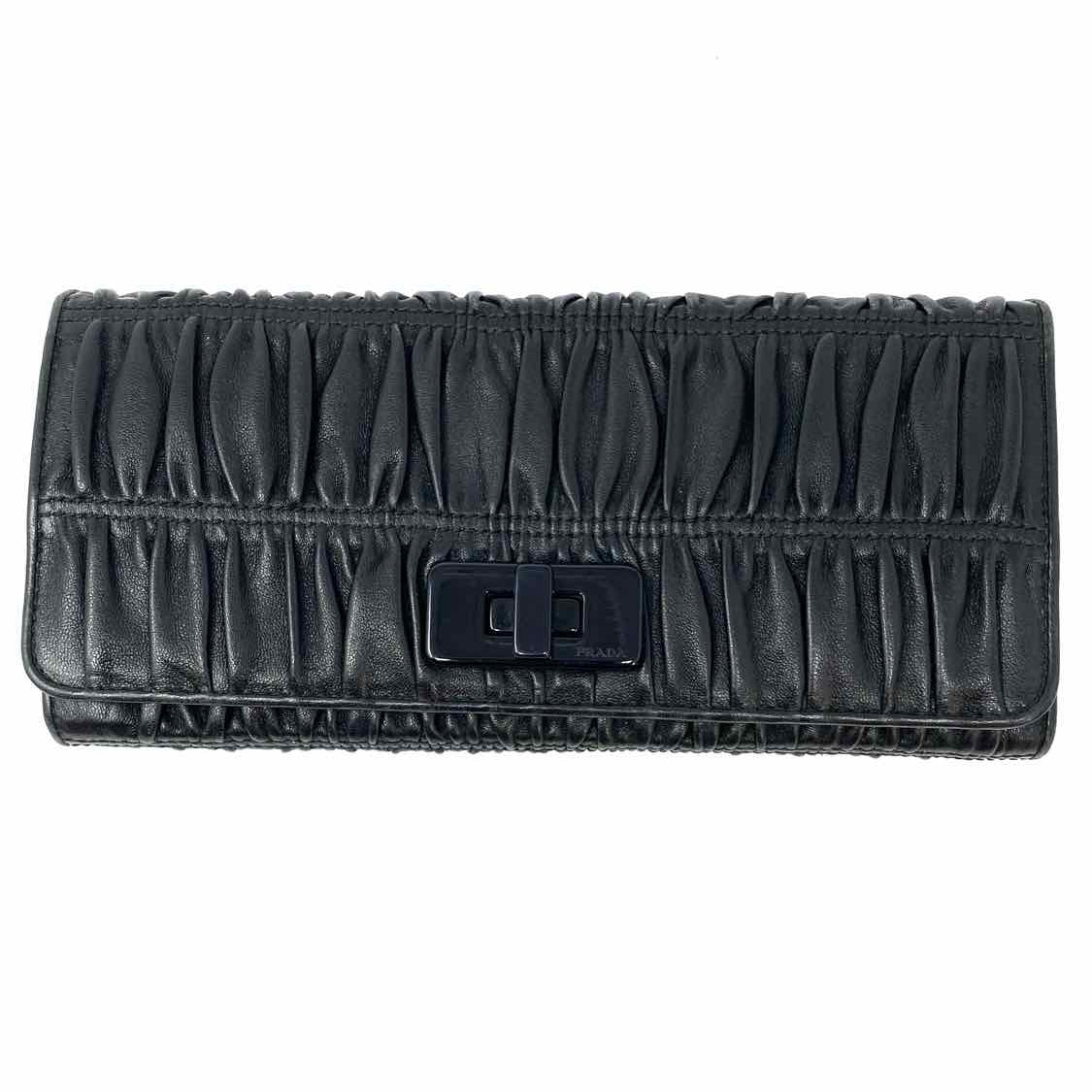 Prada Gaufre Black Accordion Ruched Leather Wallet