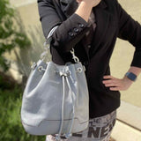 REBECCA MINKOFF Fiona Gray Crossbody Drawstring Leather Bucket Bag
