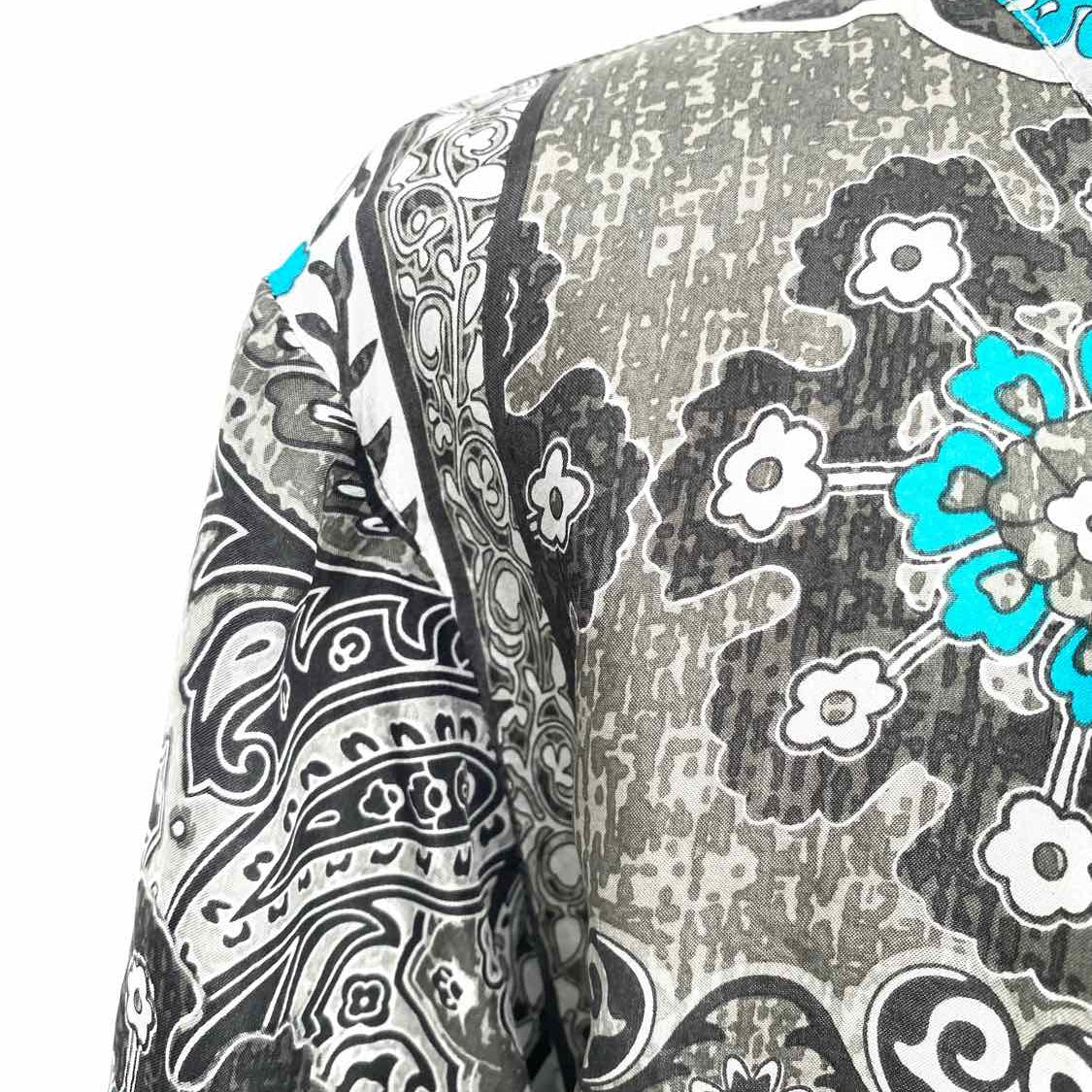 johnny was Women's Gray Size L 1/4 Button Silk Geometric Long Sleeve