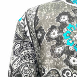 johnny was Women's Gray Size L 1/4 Button Silk Geometric Long Sleeve