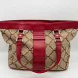 Longchamp LM Canvas Beige Red Jacquard Logo Leather Tote