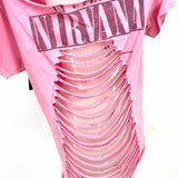 Women's Pink Size M Off The Shoulder Distressed Graphics T-shirt