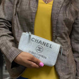 Chanel 2016/17 Deuville Cosmetic Raffia Woven Gray Logo Wallet