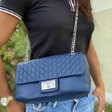 Karl Lagerfeld Agyness Navy Turnlock Quilted Leather Convertible Crossbody