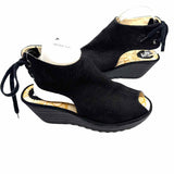 FLY LONDON Women's Black Size 41/10 Wedge Leather Peeptoe Slingbacks