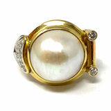 Estate Mabe Dome Pearl size 7.5 14k Gold Asymmetrical Diamond Ring
