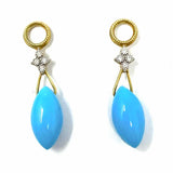 Estate 14K Yellow Gold Earring Hoop Enhancers Diamonds Turquoise Bead Charm