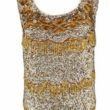 Women's Silver Gold Size L Scoop Neck Sequined Beaded Sleeveless