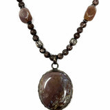 Estate 925 Sterling Silver Taupe Pendant 17.5" Beaded Agate Necklace