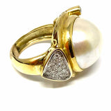 Estate Mabe Dome Pearl size 7.5 14k Gold Asymmetrical Diamond Ring
