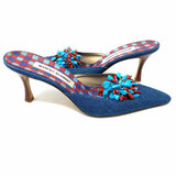 Manolo Blahnik Women's Blue Size 39/9 Kitten Heel Denim Beaded Mules
