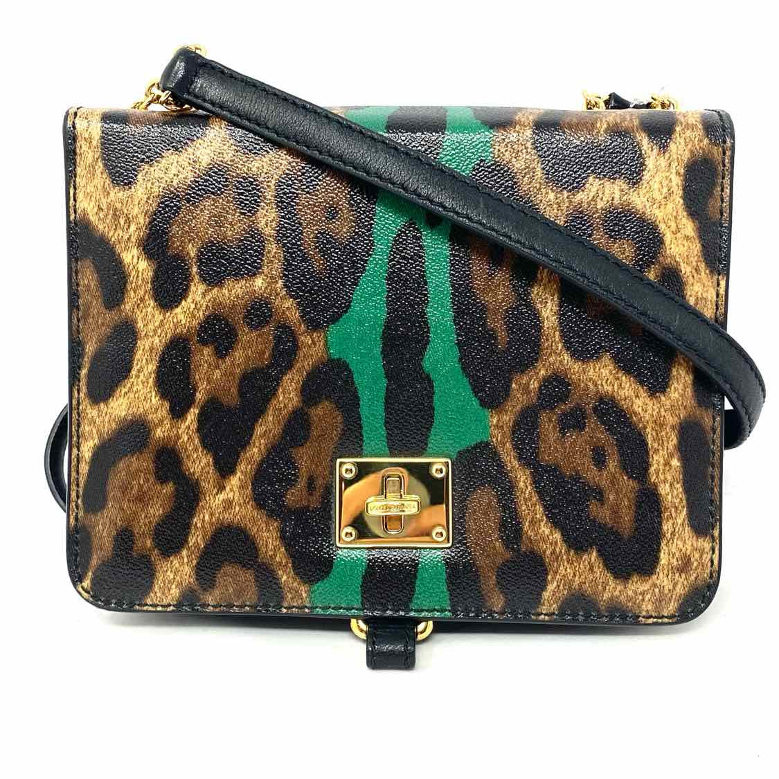 DOLCE & GABBANA Brown Green Stripe Messenger Leopard Print Crossbody