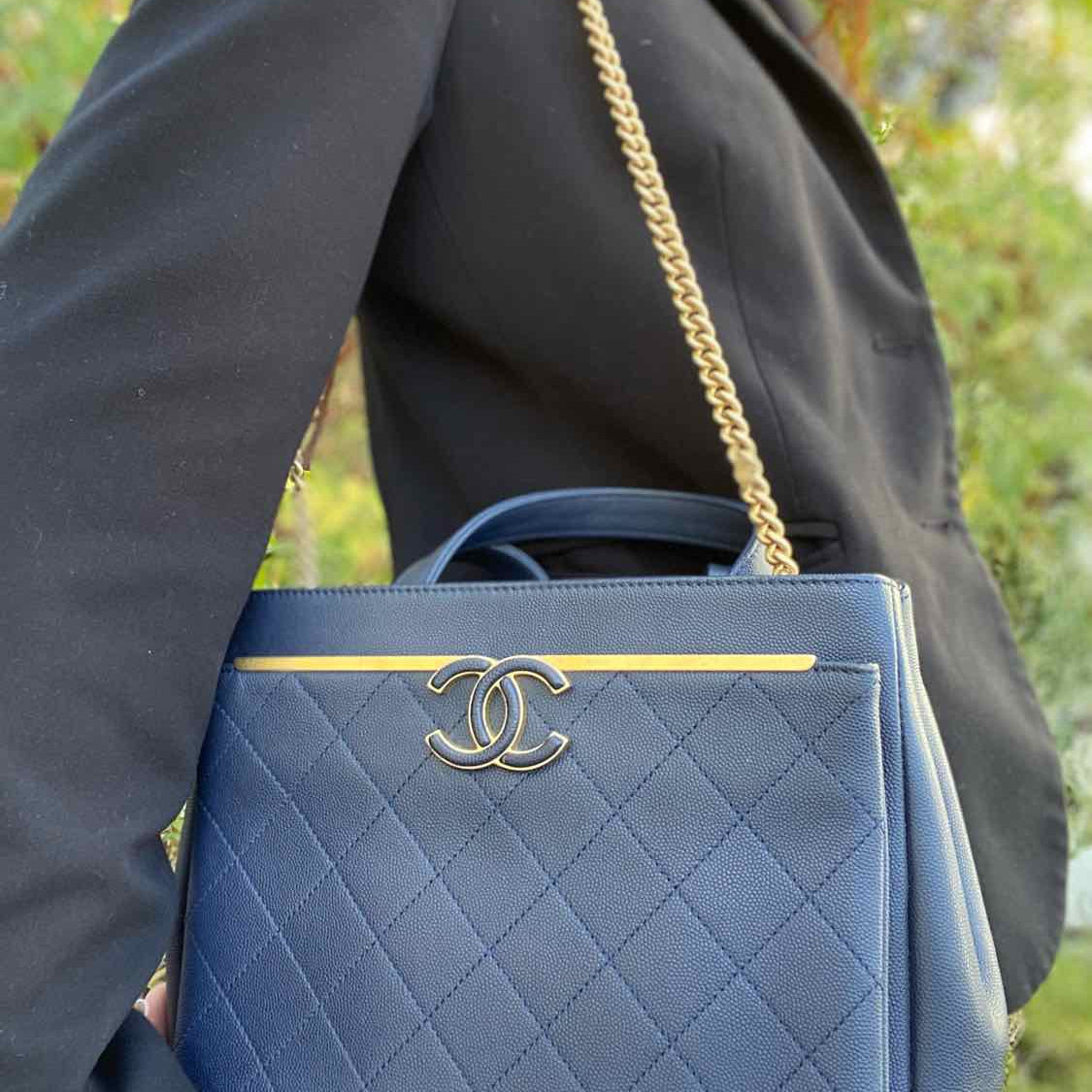 Chanel Navy Blue Quilted Grained Leather Made in Italy Tote