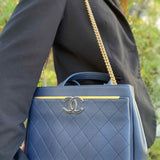 Chanel Navy Blue Quilted Grained Leather Made in Italy Tote