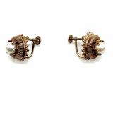 Estate 10K Yellow Gold White Round Filigree Pearl Earring & Pendant Set