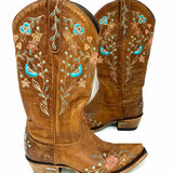 LANE Women's Brown Size 7 Cowboy Leather Embroidered Floral Boots