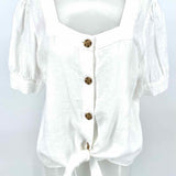 Talbots Women's White Size M Button Down Linen Square Neck Short Sleeve Top