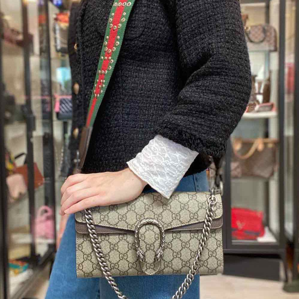 Gucci Small Dionysus East-West Coated Canvas Gray Flap GG SUPREME Shoulder Bag