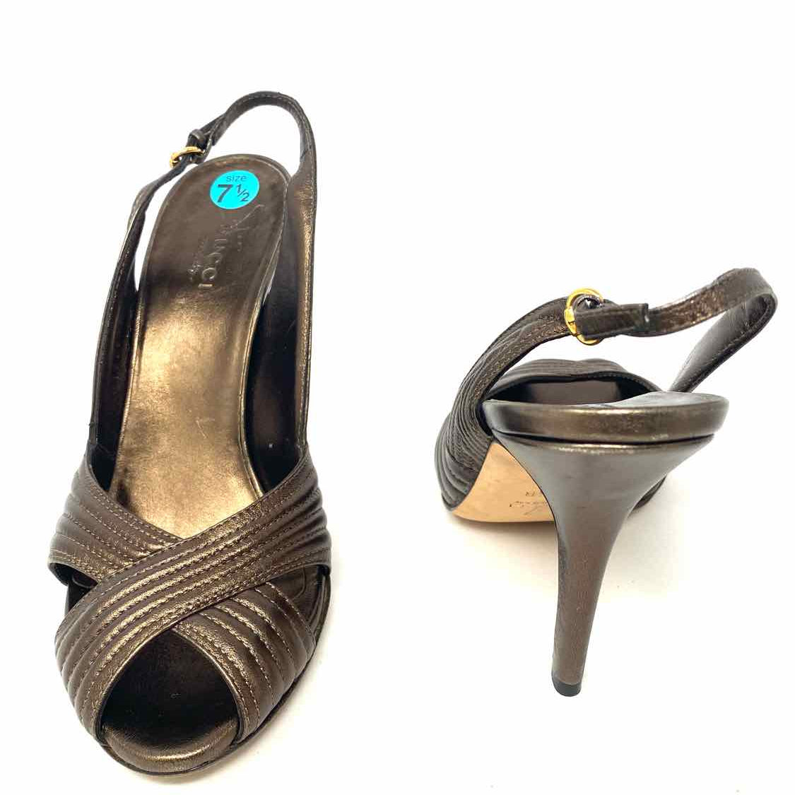 Gucci Women's Bronze Size 7.5 Stiletto Quilted Metallic Peeptoe Slingback