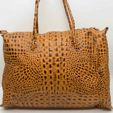 B. May Light Brown Boston Croc Embossed Leather Satchel
