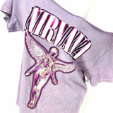 Nirvana Design Women's Purple Size M Off The Shoulder Graphic Distressed T-shirt