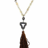 Love Heals Beige Brown Silver Tone Beaded Leather Tassel Quartz Necklace