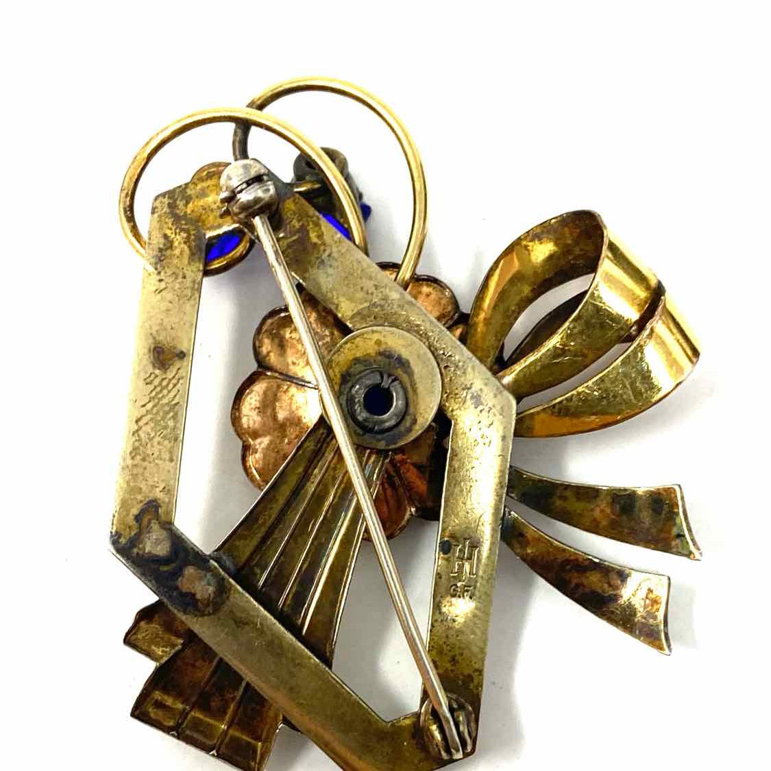 Harry Iskin Gold Filled Gold/Blue Flower Crystal Vintage Brooch