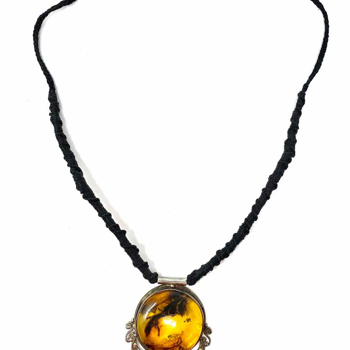 Statement Silver Black Pendant 21" Braided Amber Necklace