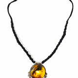 Statement Silver Black Pendant 21" Braided Amber Necklace