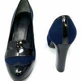 Tory Burch Women's Black Navy Size 8 Block Heel Wool Leather Color Block Pumps