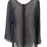 Eileen Fisher Women's Black Size L Button Down Linen Raw Hem Long Sleeve