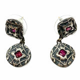 Vintage Silver tone Drop Round Red Garnet Filigree Earrings
