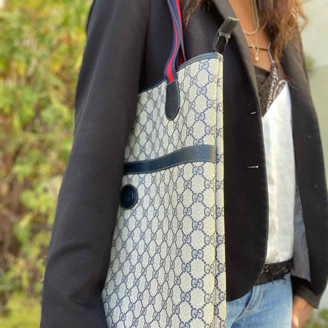 Gucci Coated Canvas Navy White GG Web Detail Tote