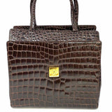 GIANNI VERSACE Brown Top Handle Croc Embossed Patent Leather Satchel